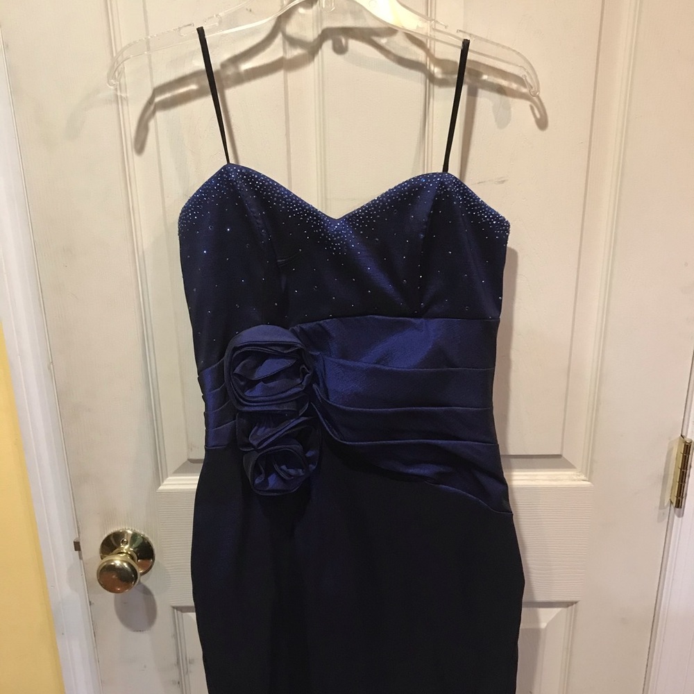 Blue strapless evening dress